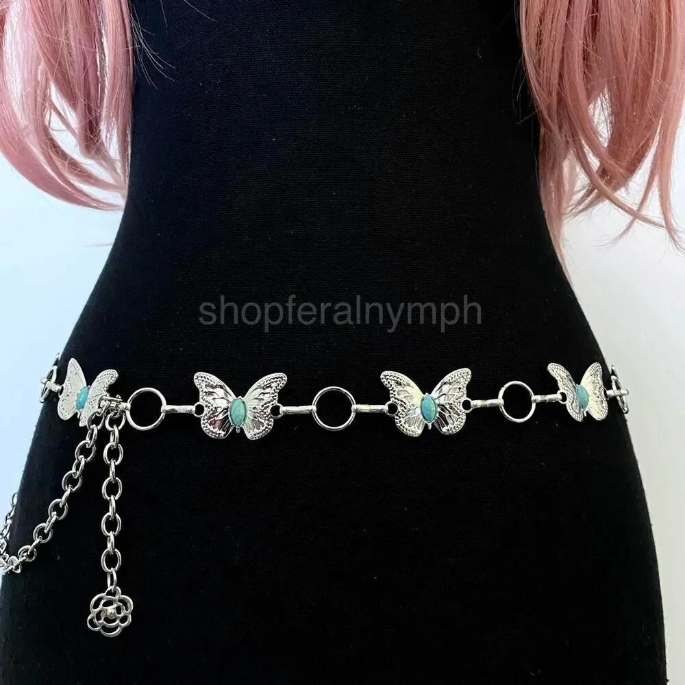 Silver Y2K Western Butterfly Turquoise Chain Belt, Fits 24-42 Inches, X7GA1343